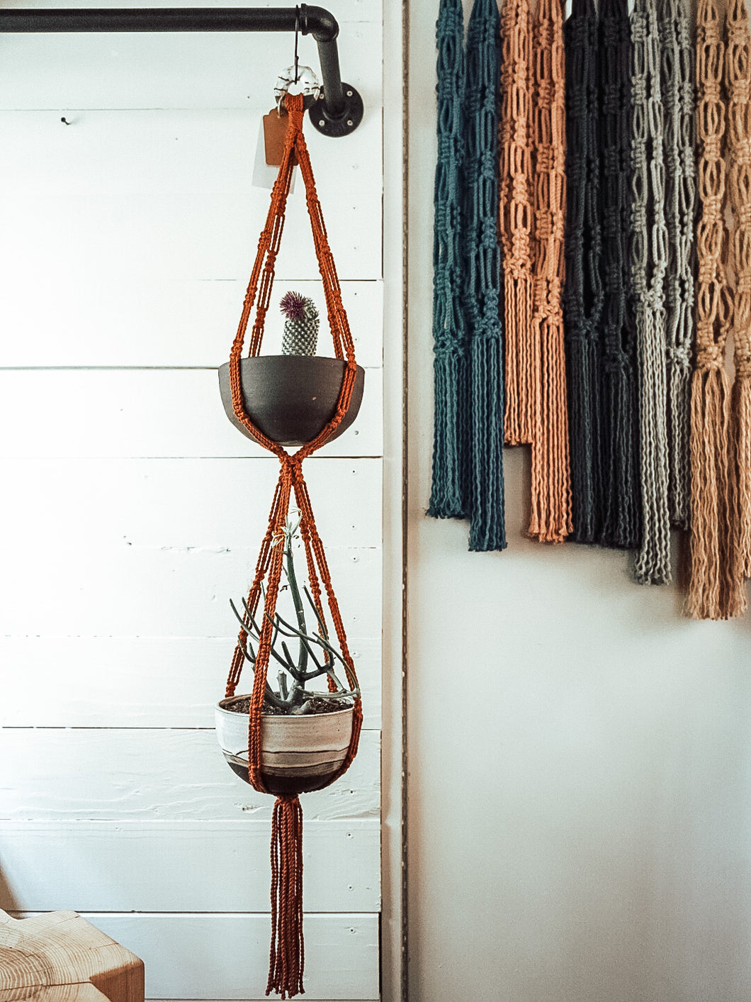 The Boho Double Plant Hanger | Copper + Grayscale Ceramic Loop